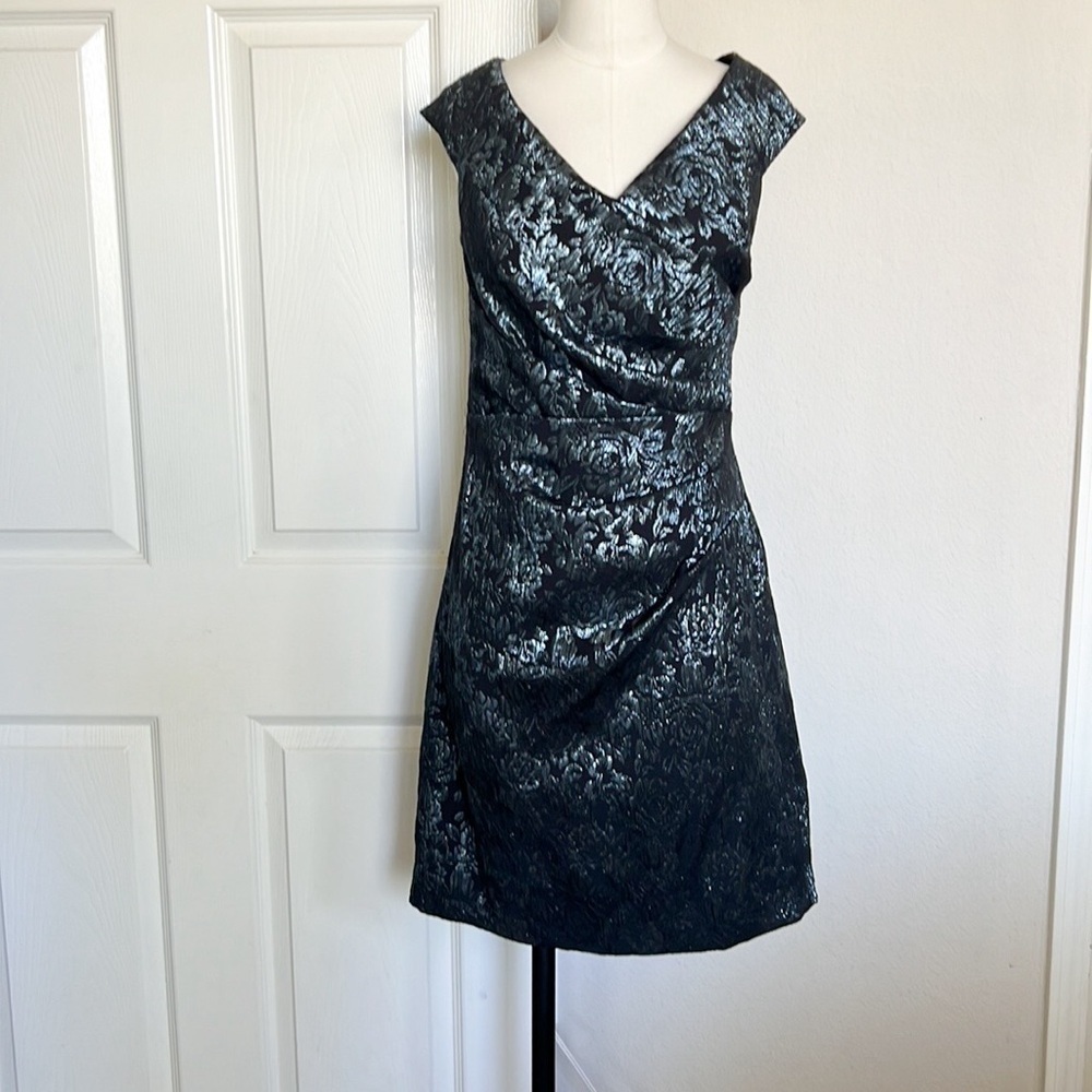 RICKIE FREEMAN FOR TERI JON Off-Shoulder Ruched Jacquard Sheath Dress - Picture 4 of 8